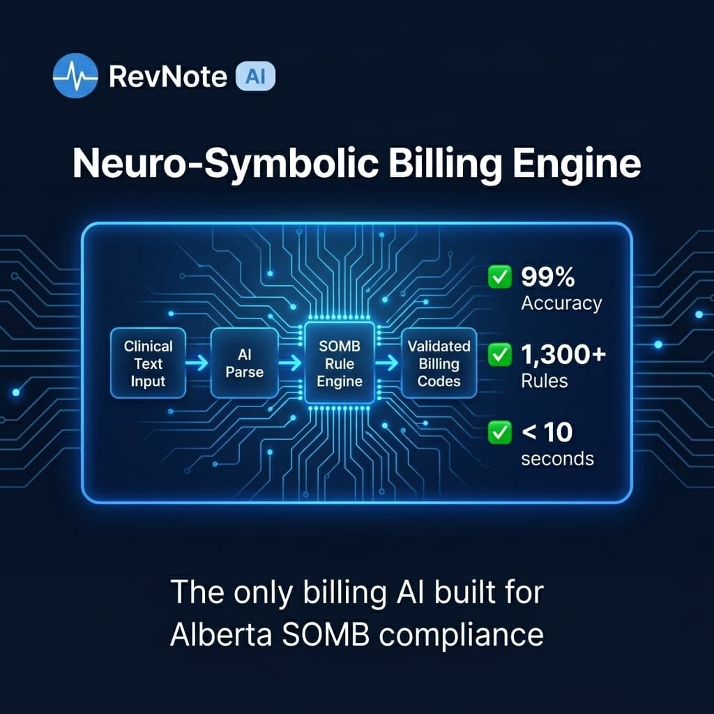 RevNote AI Neuro-Symbolic billing engine architecture — 99% accuracy for Alberta SOMB compliance