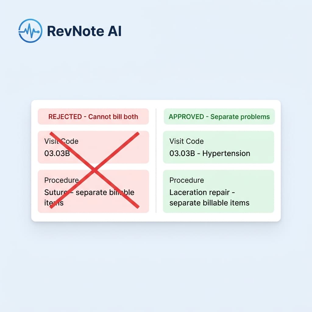 Alberta same-day procedure and office visit billing rules — approved vs rejected combinations