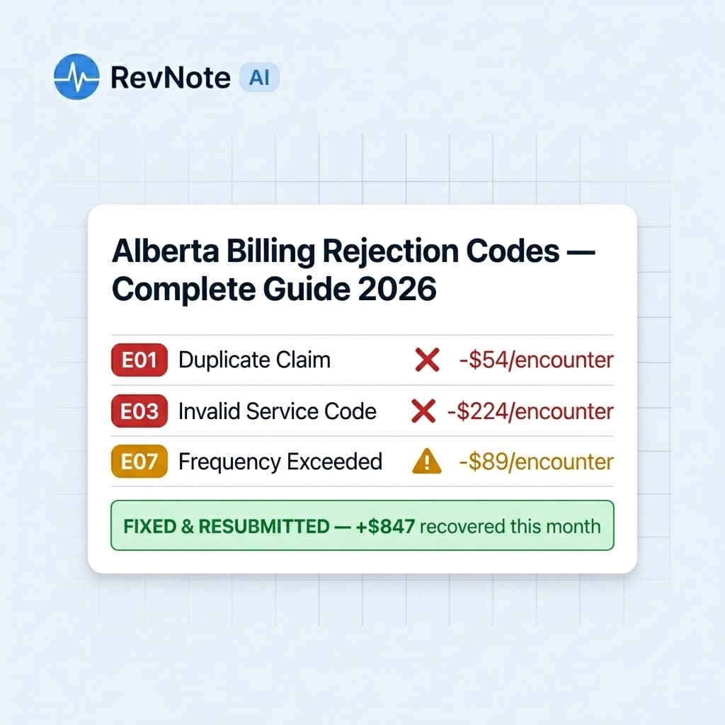 Alberta billing rejection codes dashboard showing rejected claims and recovery amounts