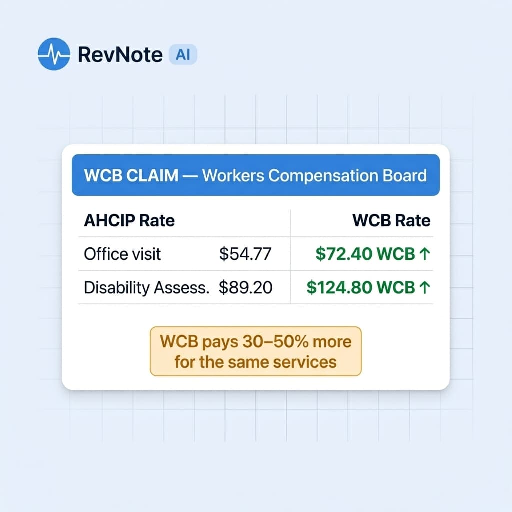 WCB billing rate comparison showing higher WCB rates vs AHCIP rates for Alberta physicians